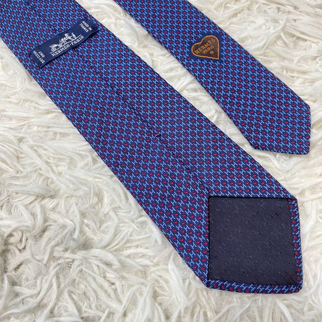【超極美品】エルメス　ファソネ　ハート　ナローネクタイ　ネイビー　剣幅7cm