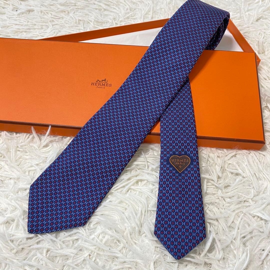 【超極美品】エルメス　ファソネ　ハート　ナローネクタイ　ネイビー　剣幅7cm