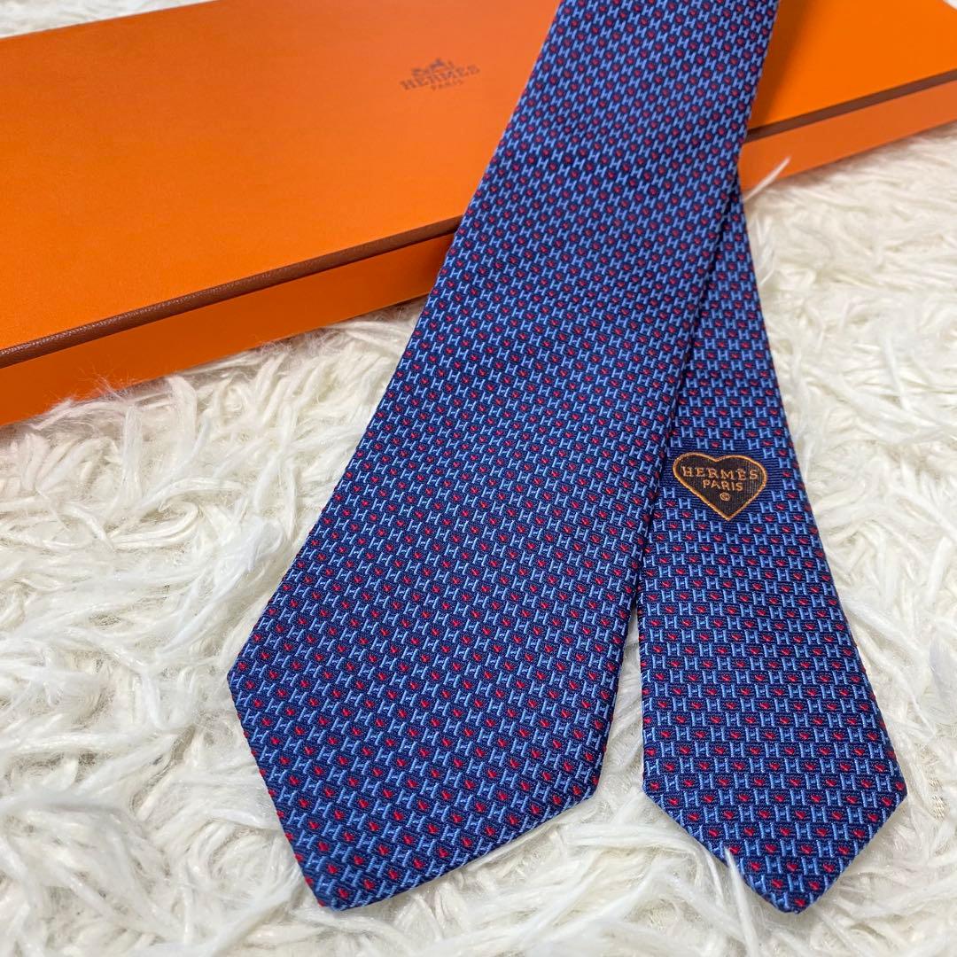 【超極美品】エルメス　ファソネ　ハート　ナローネクタイ　ネイビー　剣幅7cm
