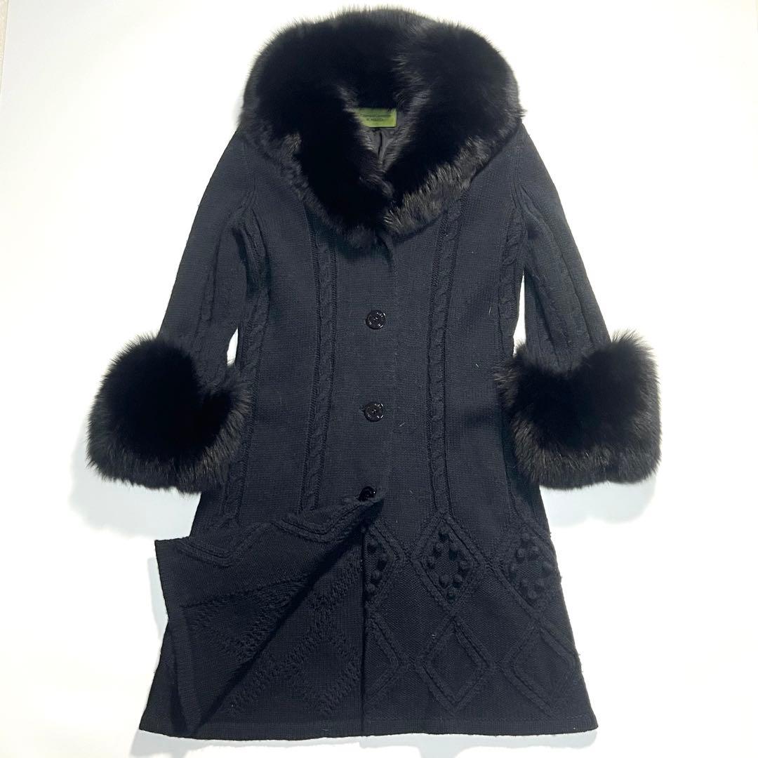 ロベルタディカメリーノ　ニットコート　シルクアルパカ　フォックスファー　黒　42