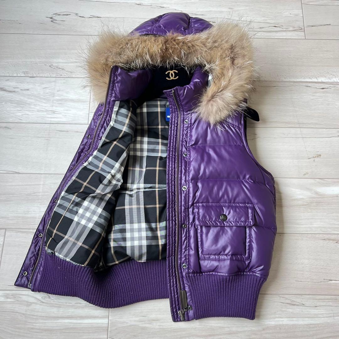 希少カラー　バーバリーブルーレーベル　ダウンベスト　ファー　チェック　2way