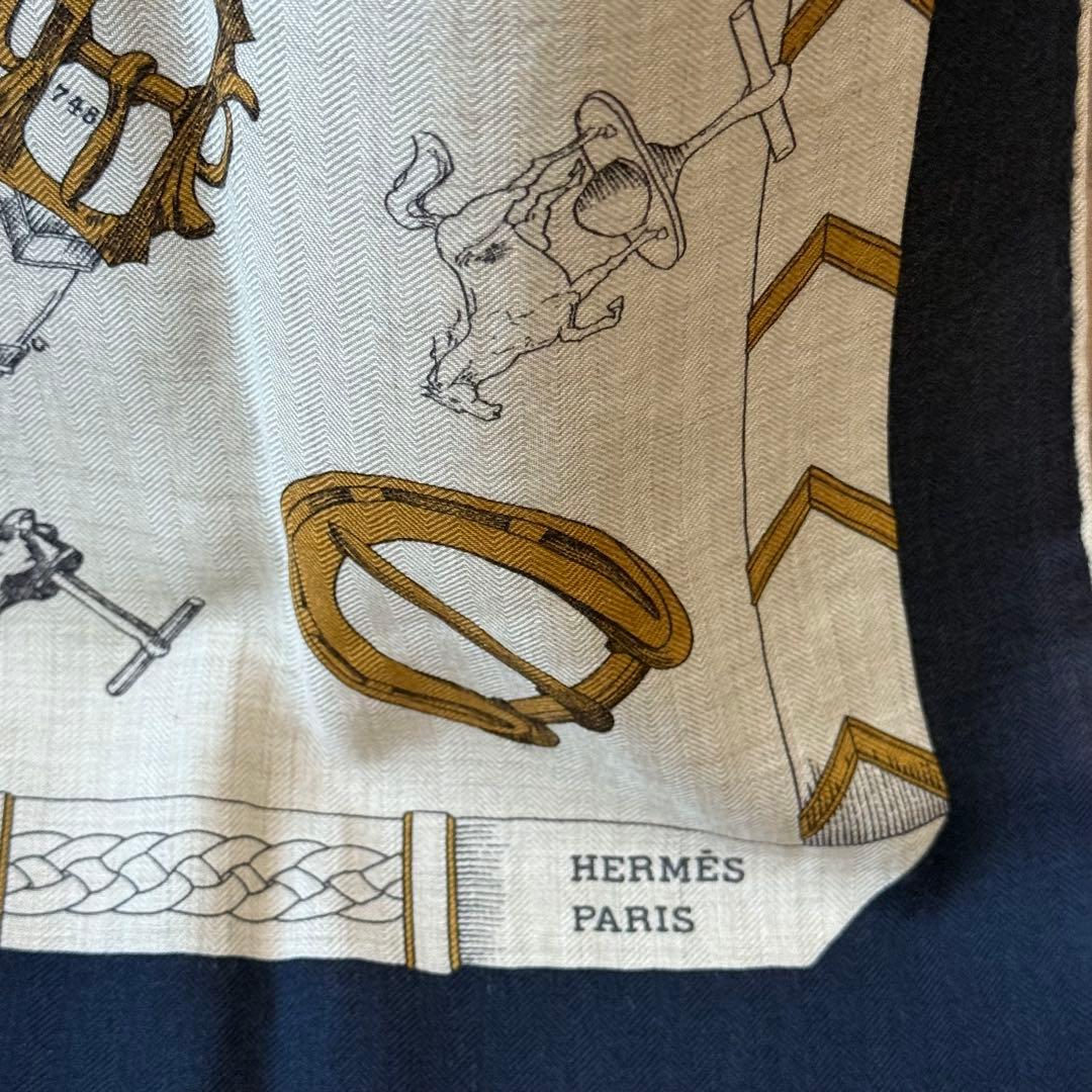 エルメス カレジェアン 140 シュヴォー・デシェネ カシミヤ ネイビー