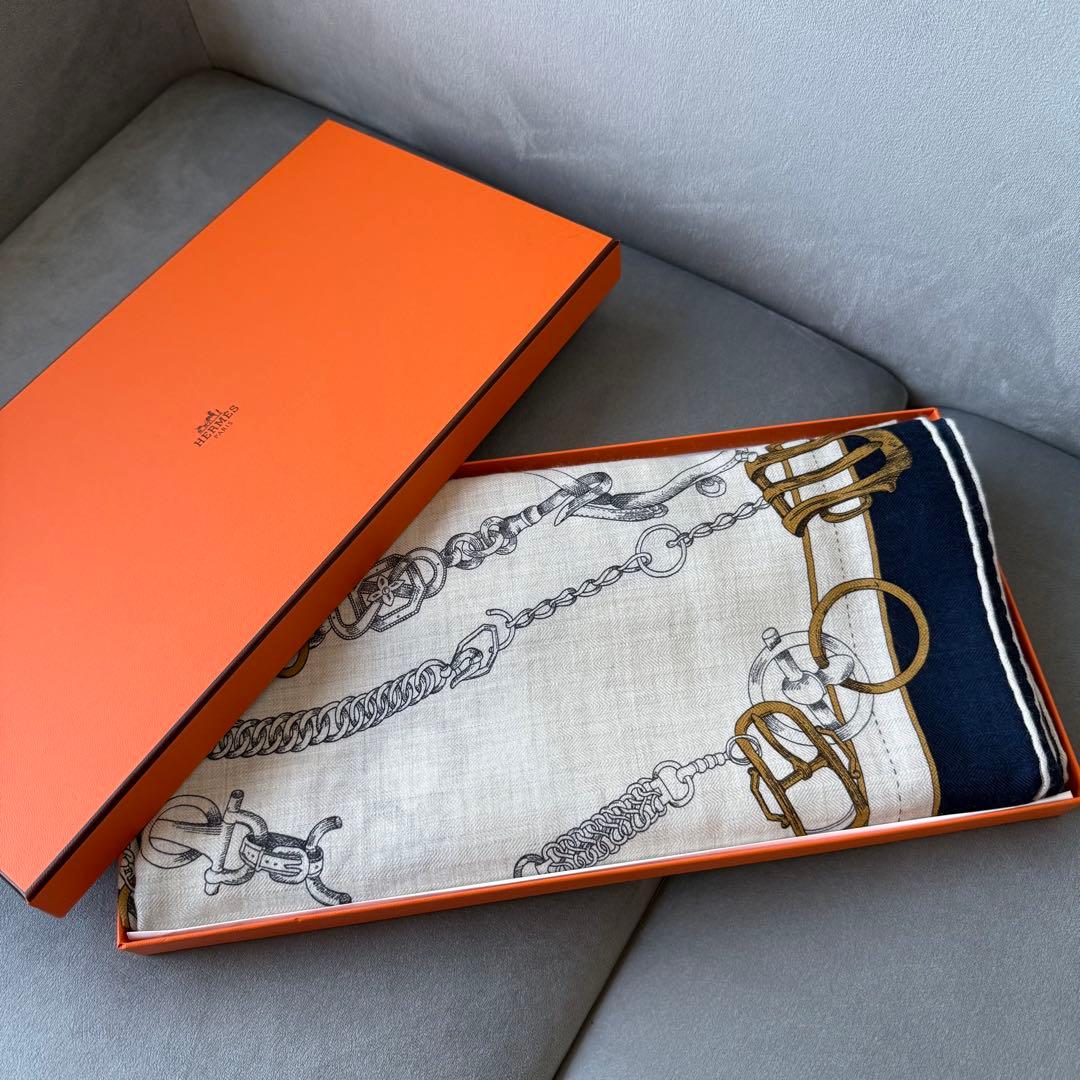 エルメス カレジェアン 140 シュヴォー・デシェネ カシミヤ ネイビー