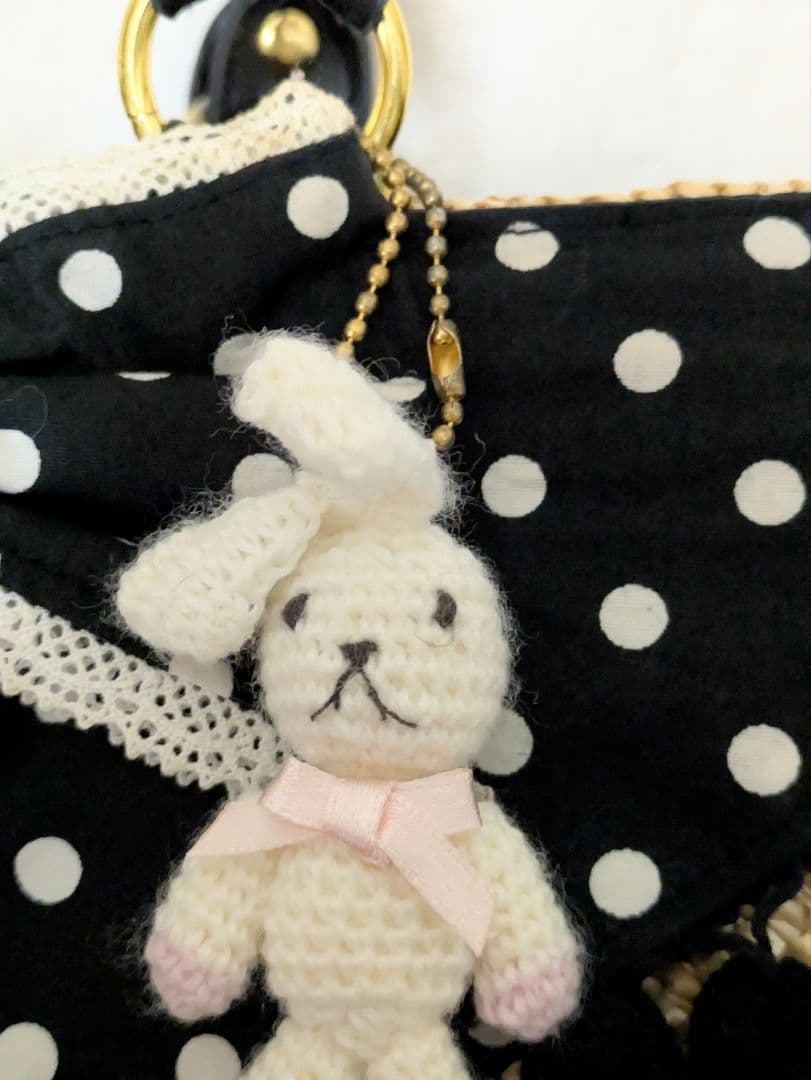 Angelic Pretty かごバッグ 黒 白水玉 編みぐるみ付き