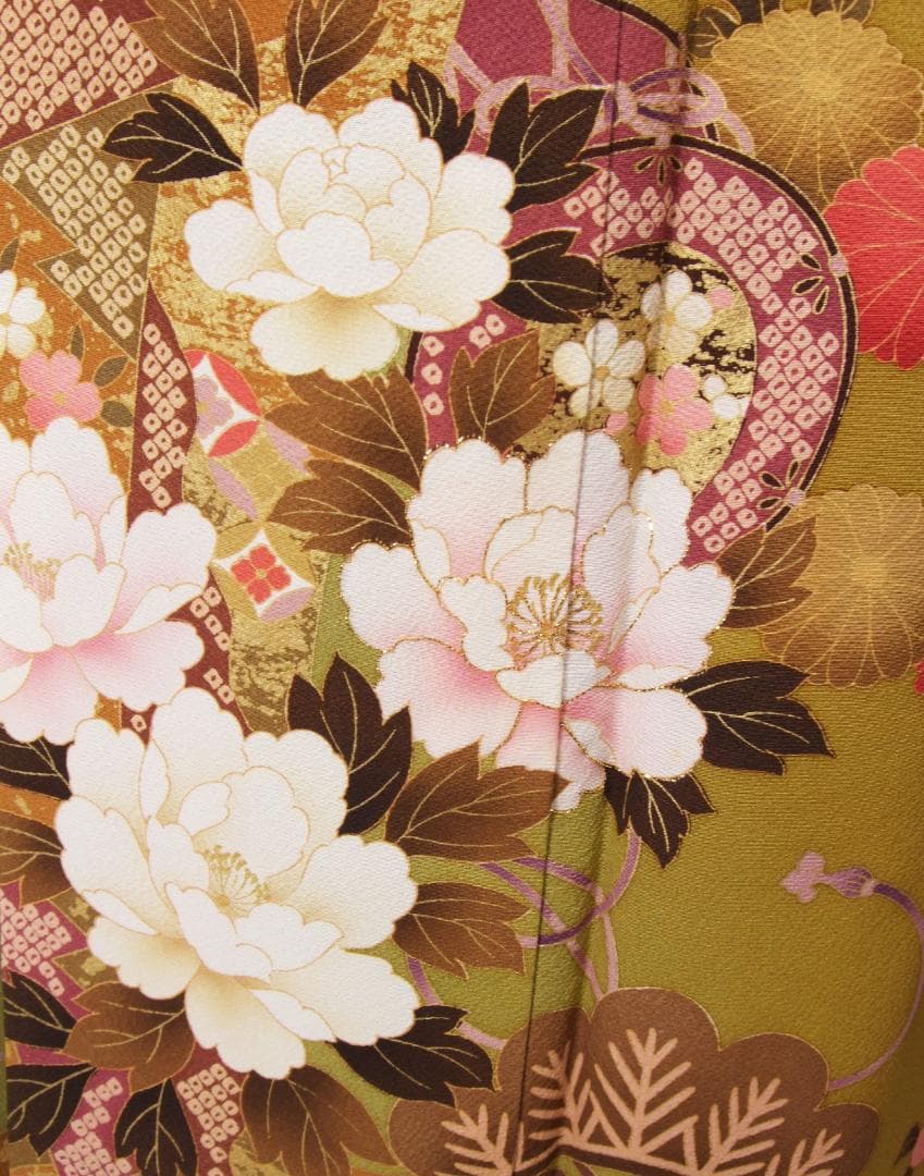古典柄に牡丹の染め 芥子色 振袖フルセット 成人式 m14