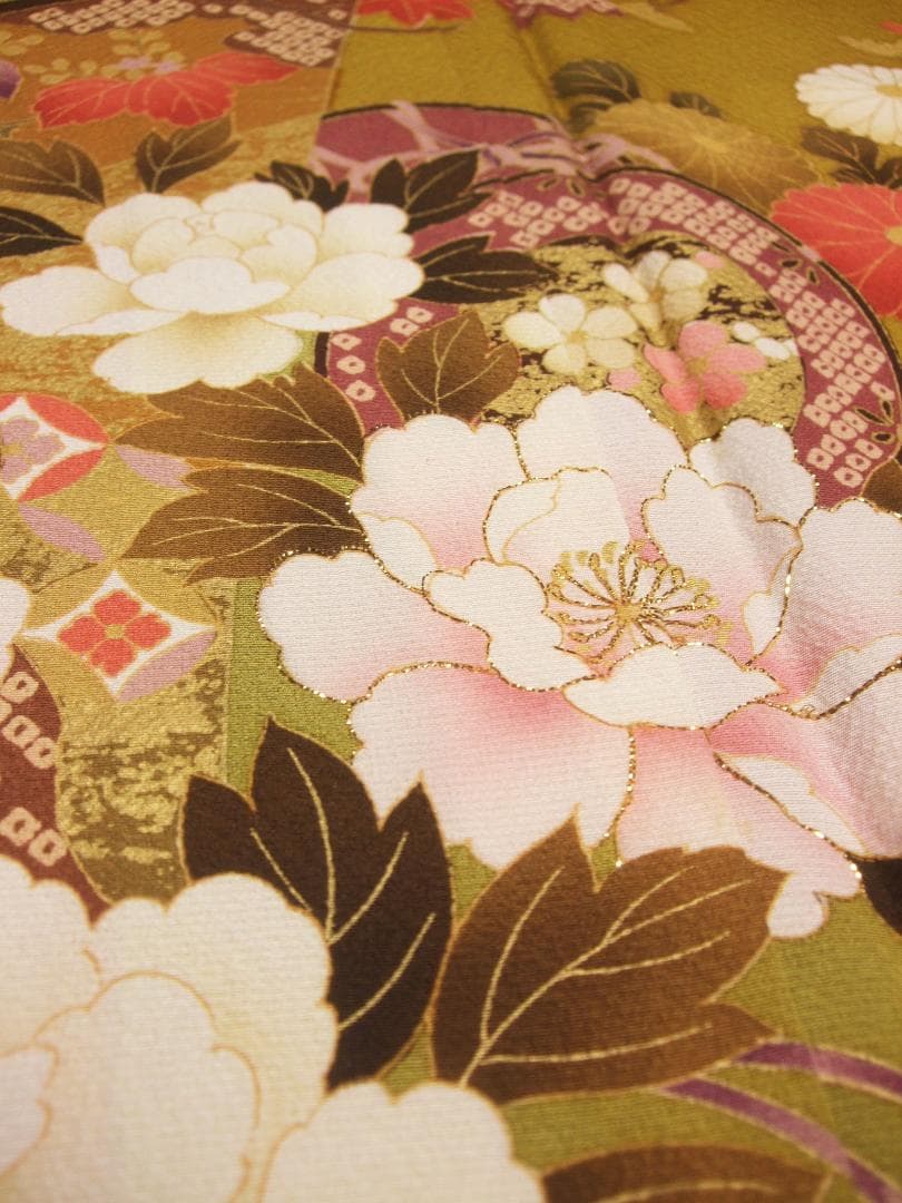 古典柄に牡丹の染め 芥子色 振袖フルセット 成人式 m14