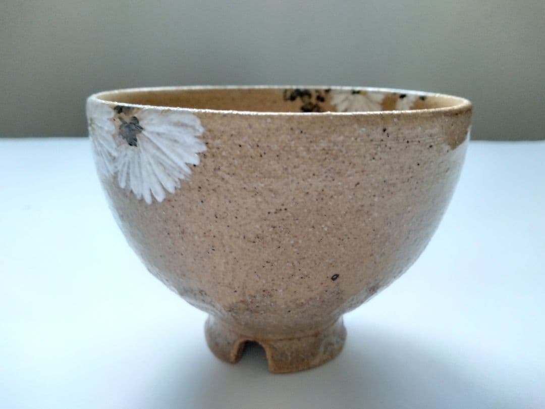 藤谷芳哉　白菊画 茶碗　水無月窯　抹茶碗　茶道具　共箱 共布 栞付 花紋様