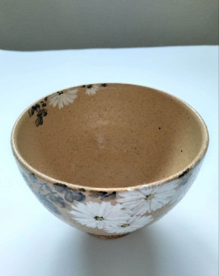 藤谷芳哉　白菊画 茶碗　水無月窯　抹茶碗　茶道具　共箱 共布 栞付 花紋様