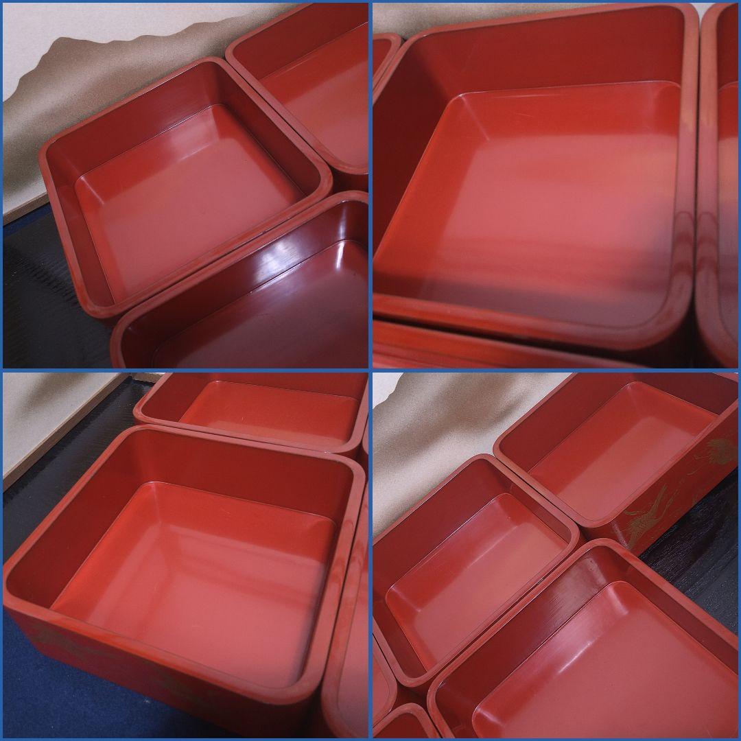 AG82 輪島塗 五段重 朱漆塗 沈金蒔絵 家紋 鶴図 厚塗り 角丸 替蓋 木箱