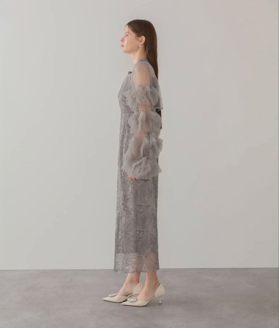 Leja フリルチュールスリーブリボンIラインワンピースドレス S タグ付き