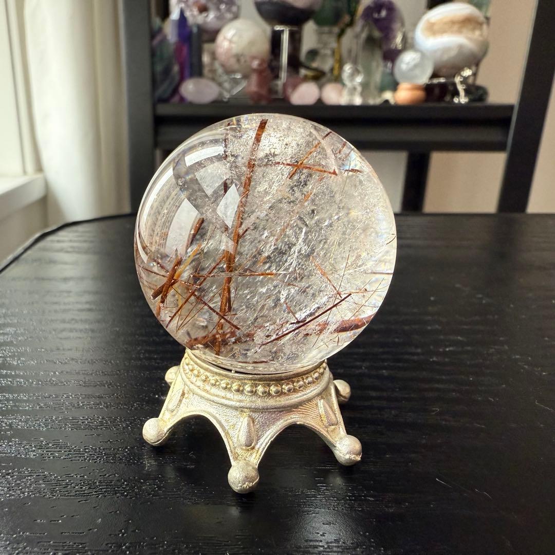 天然石ルチルクォーツのスフィア　丸玉　置物NO.010606