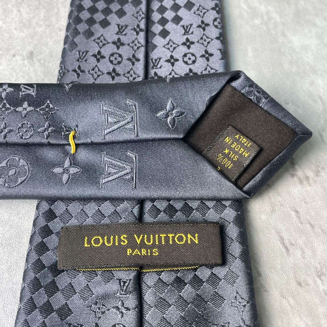 極美品 LOUIS VUITTON ジャガード ミックスモノグラム ネクタイ 銀