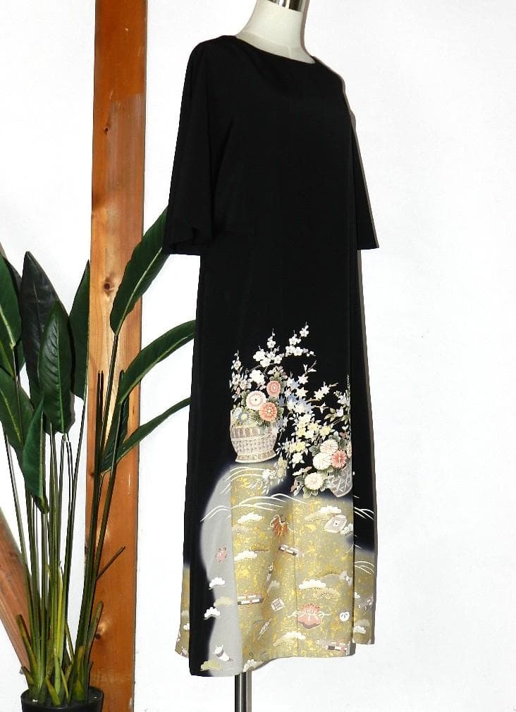 留袖　ワンピース　ドレス　フレアー袖　手書き友禅染　正絹　484　夢ちりめん
