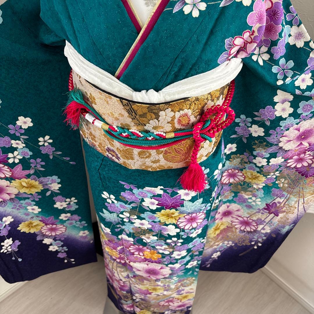 未使用に近い　正絹振袖フルセット　ガード加工有り　緑グラデーション　成人式
