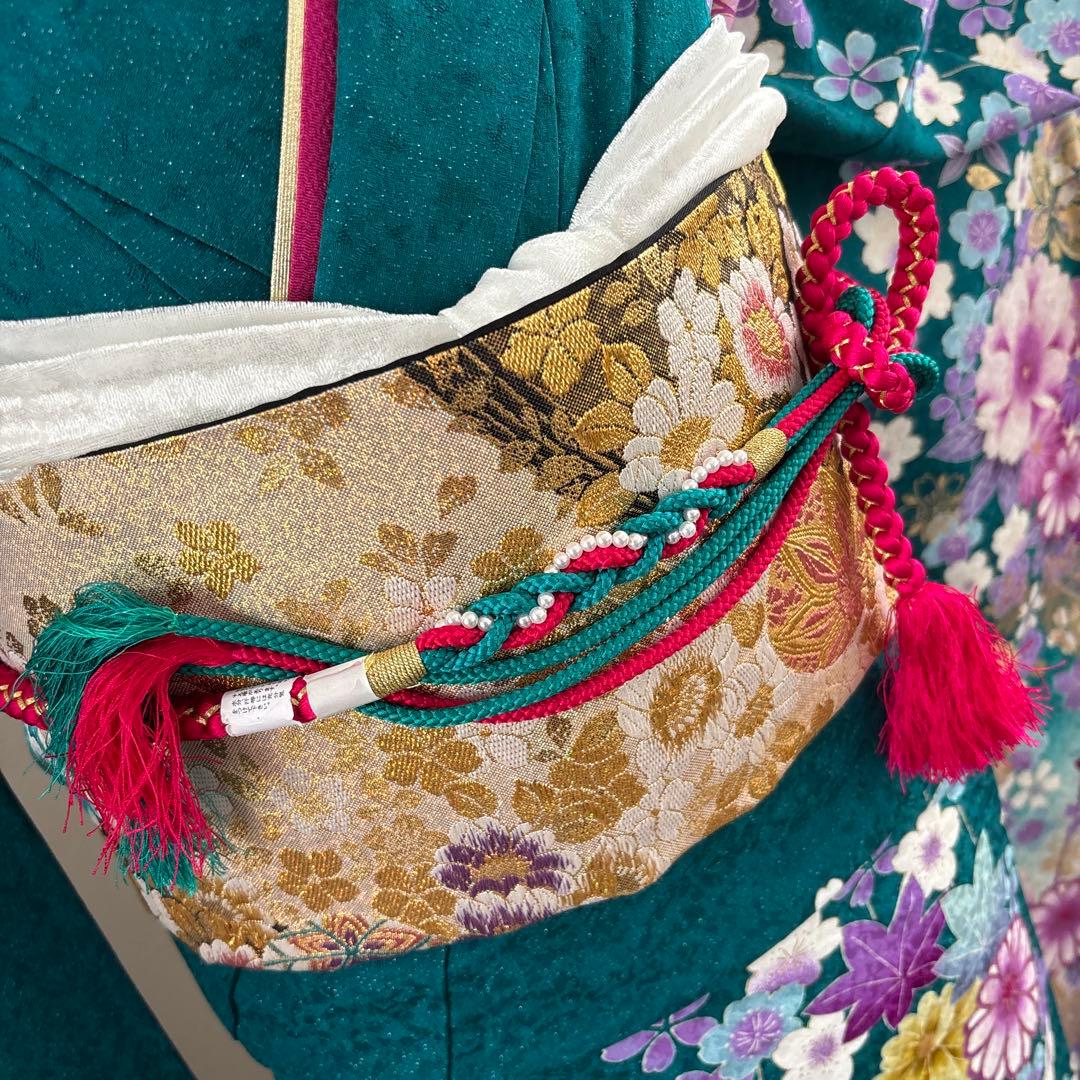 未使用に近い　正絹振袖フルセット　ガード加工有り　緑グラデーション　成人式