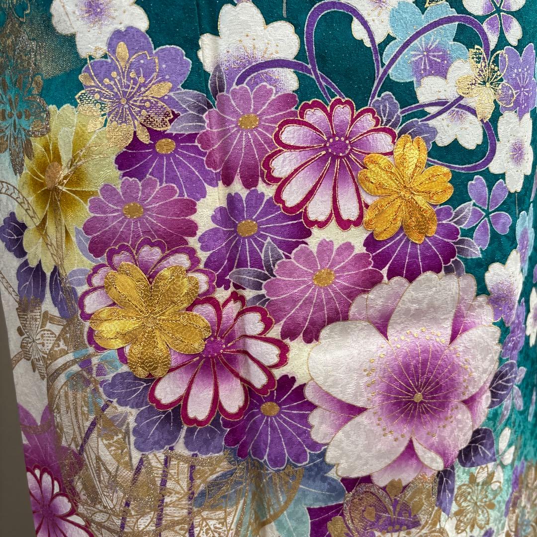 未使用に近い　正絹振袖フルセット　ガード加工有り　緑グラデーション　成人式