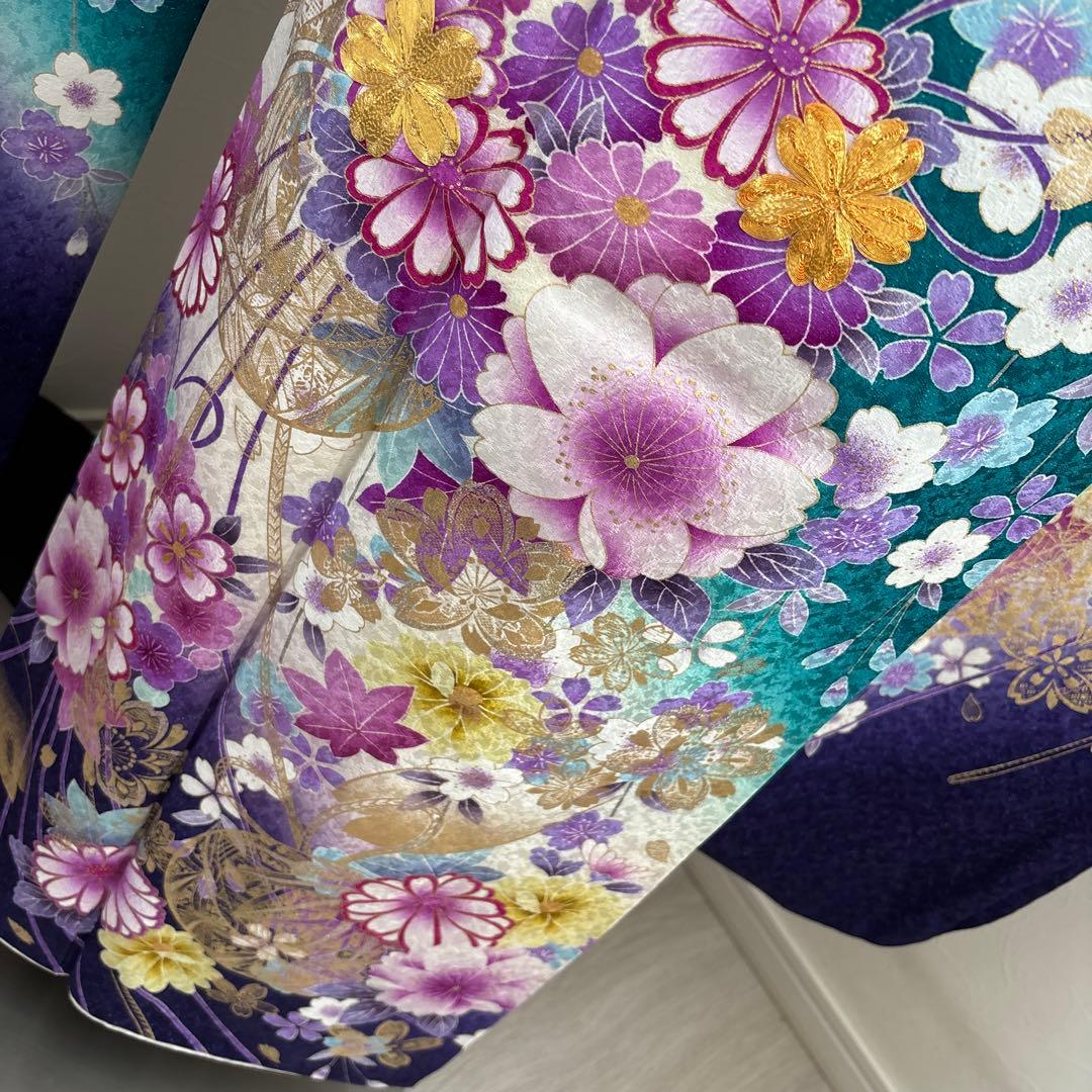 未使用に近い　正絹振袖フルセット　ガード加工有り　緑グラデーション　成人式