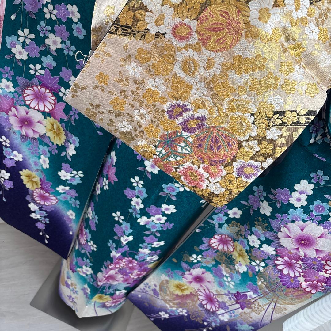 未使用に近い　正絹振袖フルセット　ガード加工有り　緑グラデーション　成人式