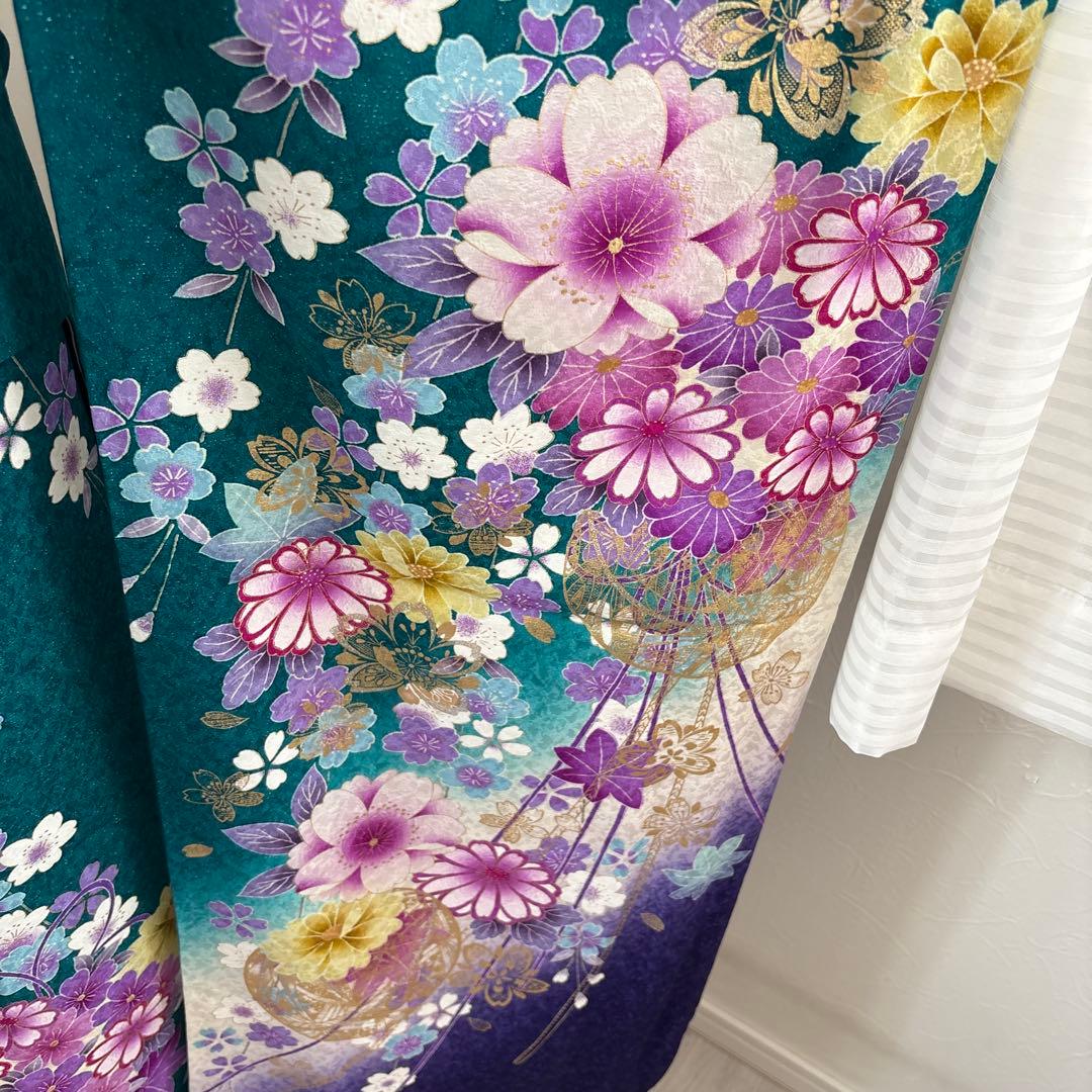 未使用に近い　正絹振袖フルセット　ガード加工有り　緑グラデーション　成人式