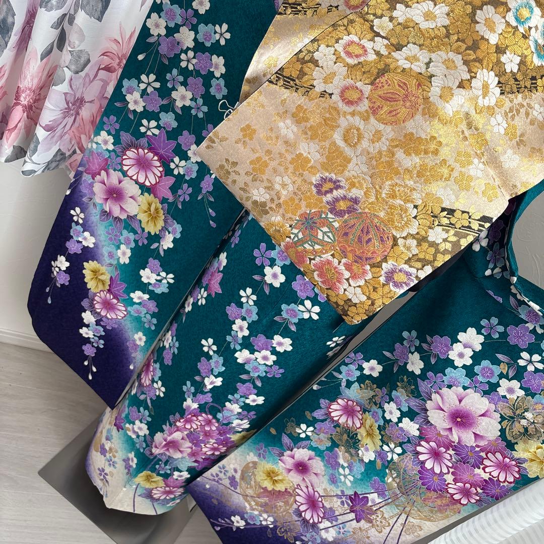 未使用に近い　正絹振袖フルセット　ガード加工有り　緑グラデーション　成人式