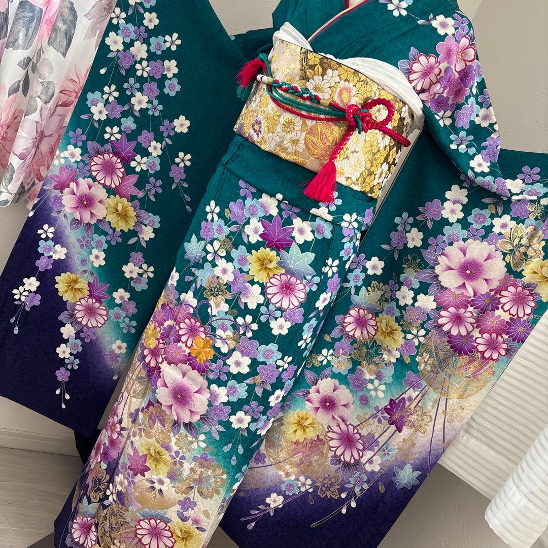 未使用に近い　正絹振袖フルセット　ガード加工有り　緑グラデーション　成人式