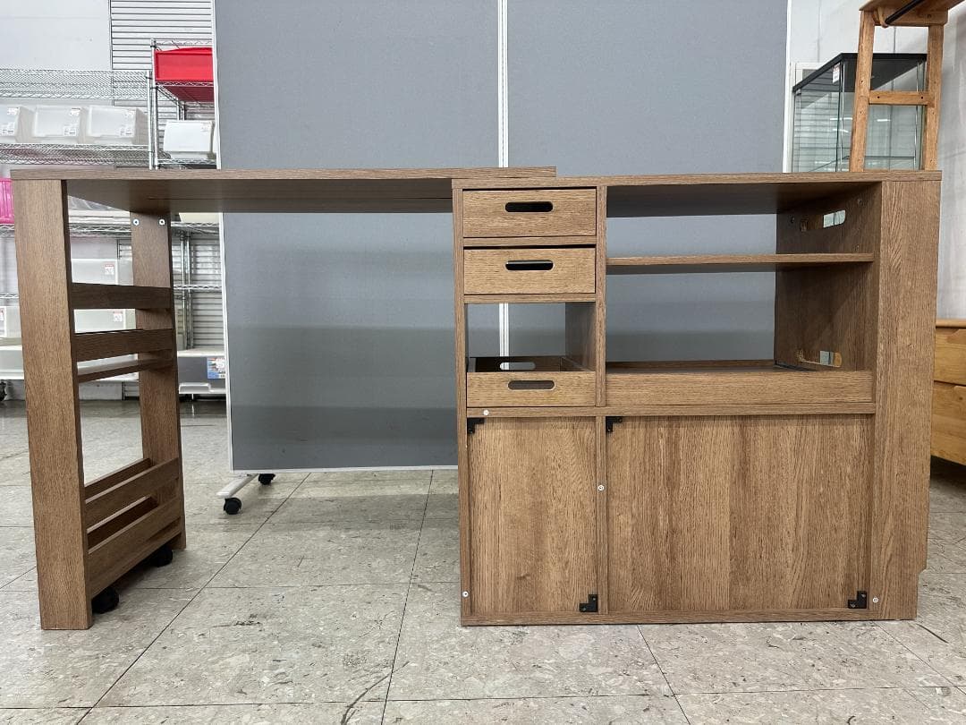 LOWYA 伸縮式キッチンカウンター 食器棚 ブラウン