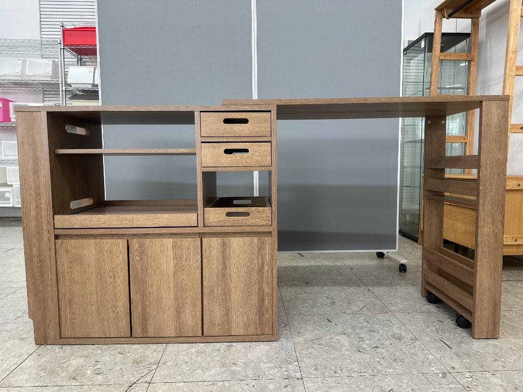 LOWYA 伸縮式キッチンカウンター 食器棚 ブラウン