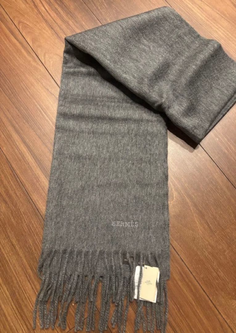 【新品・未使用】HERMES 100%カシミヤ マフラー グレー 箱付き