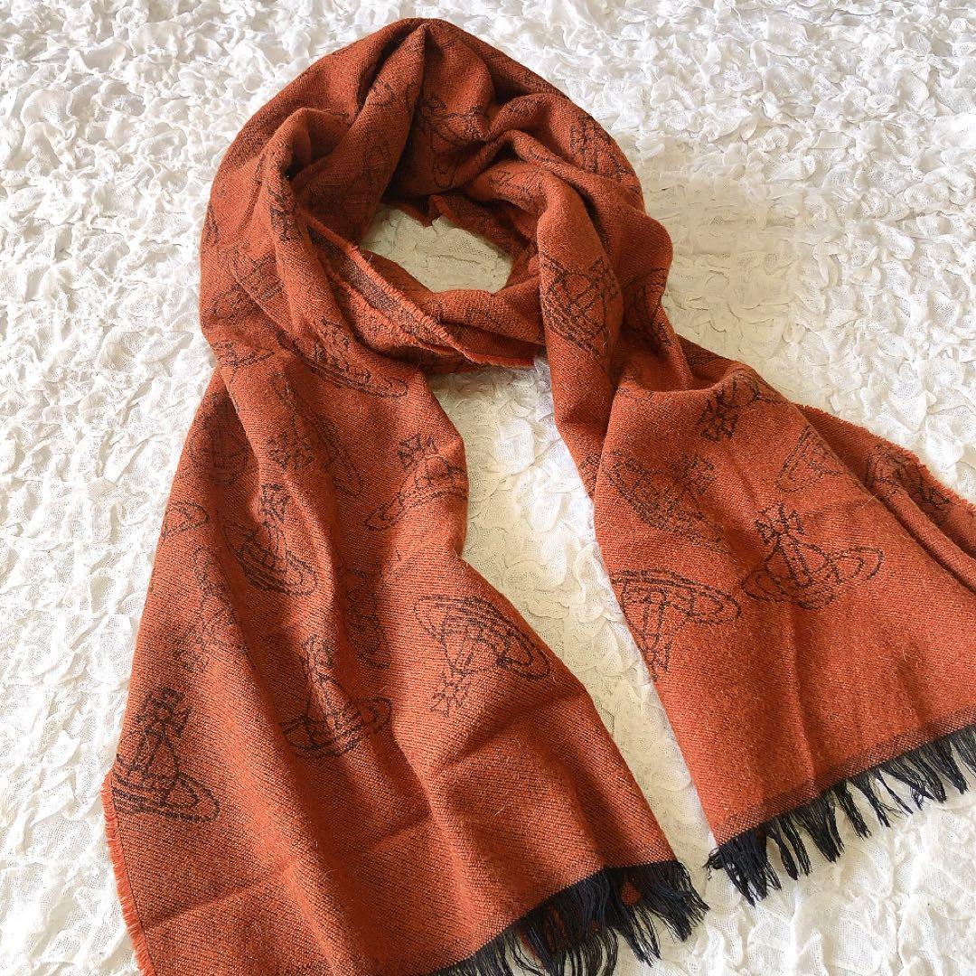 Vivienne Westwood フリンジマフラー オレンジ オーブ 総柄