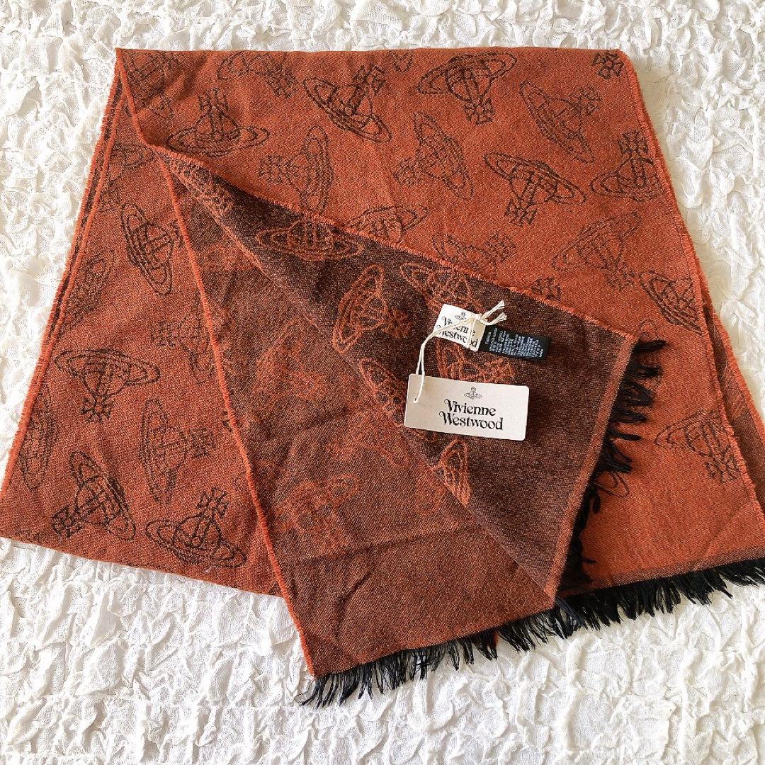 Vivienne Westwood フリンジマフラー オレンジ オーブ 総柄