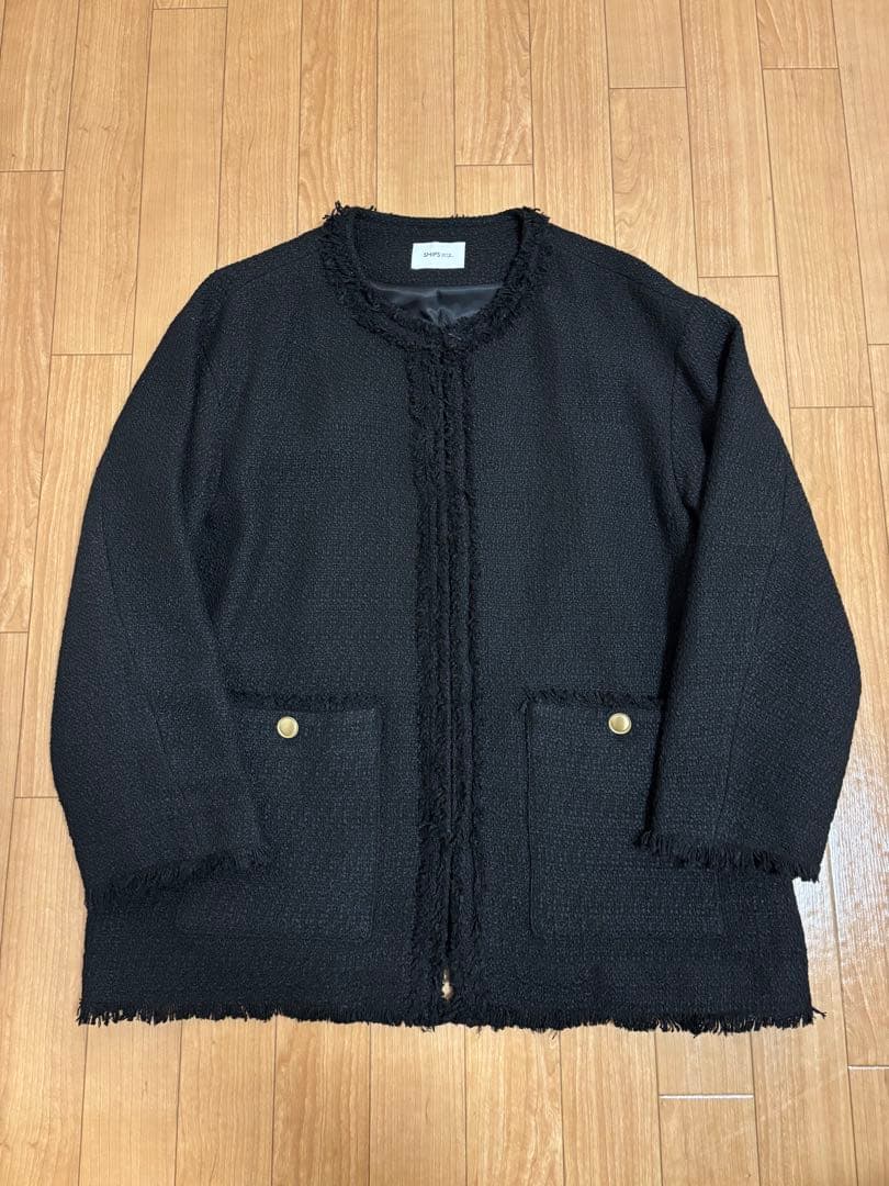 SHIPS any ノーカラーカラーミックスツイードジャケット ブラック