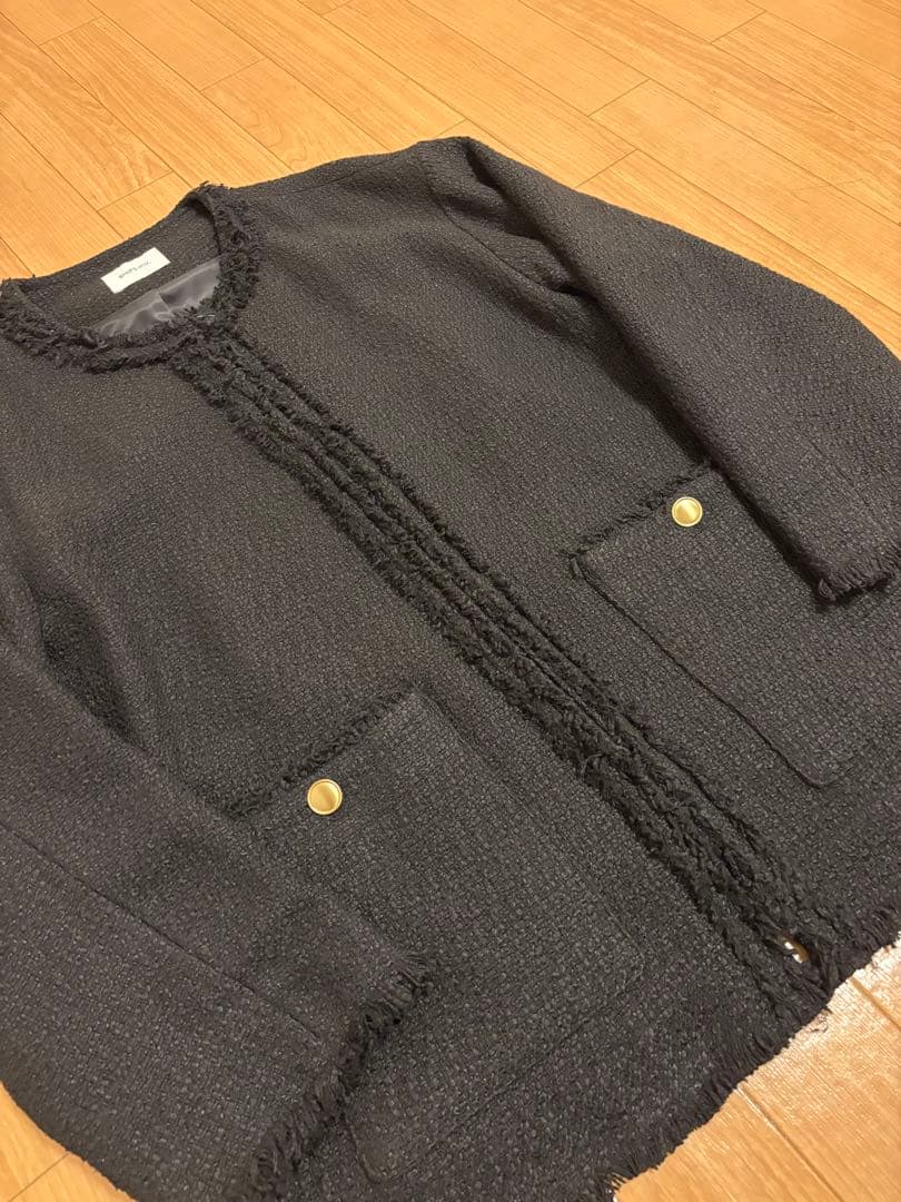 SHIPS any ノーカラーカラーミックスツイードジャケット ブラック