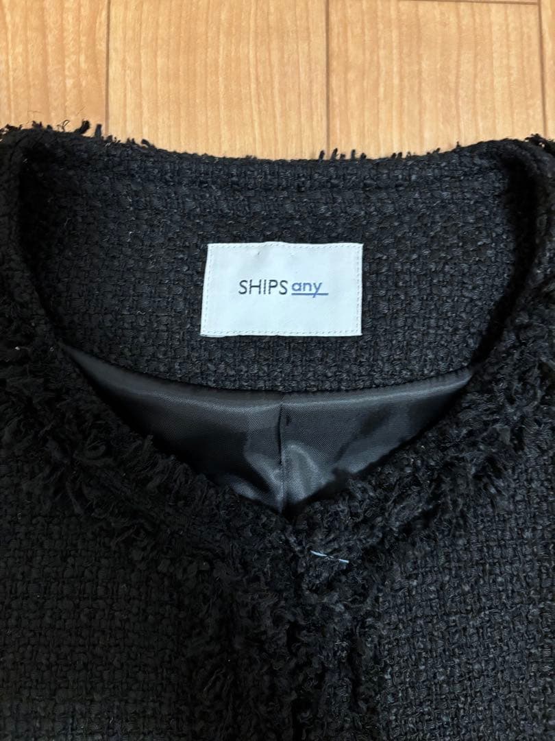 SHIPS any ノーカラーカラーミックスツイードジャケット ブラック