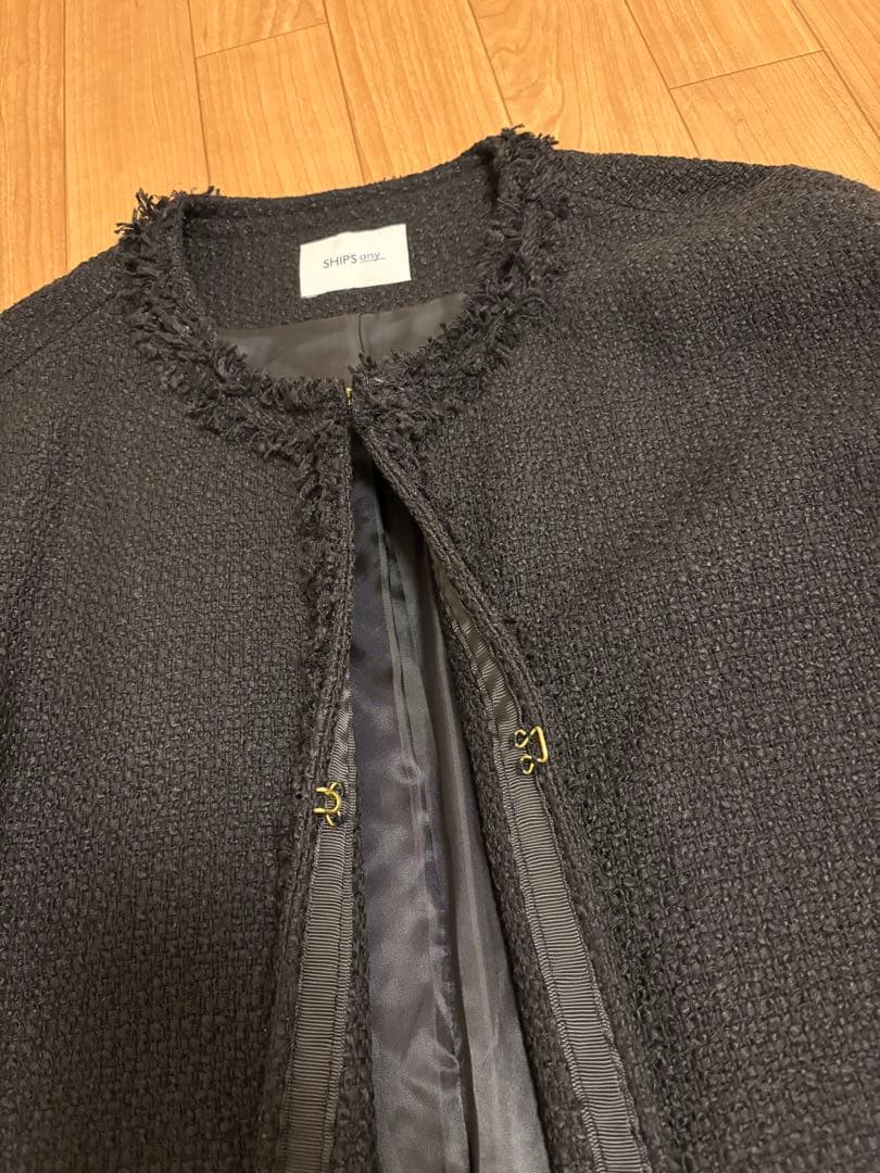 SHIPS any ノーカラーカラーミックスツイードジャケット ブラック