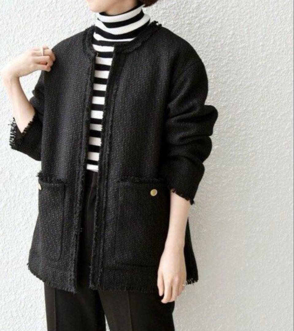 SHIPS any ノーカラーカラーミックスツイードジャケット ブラック