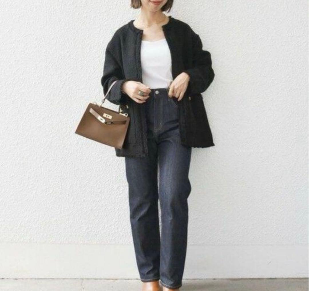 SHIPS any ノーカラーカラーミックスツイードジャケット ブラック