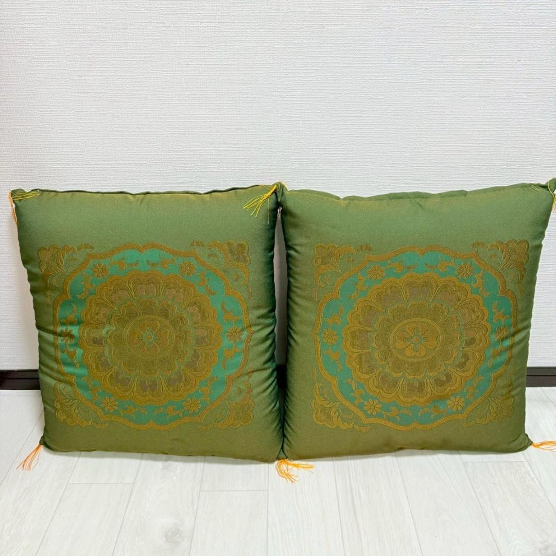 【高級金襴座布団 9枚セット】深緑×金 和風柄 法要 寺院 旅館 座布団セット