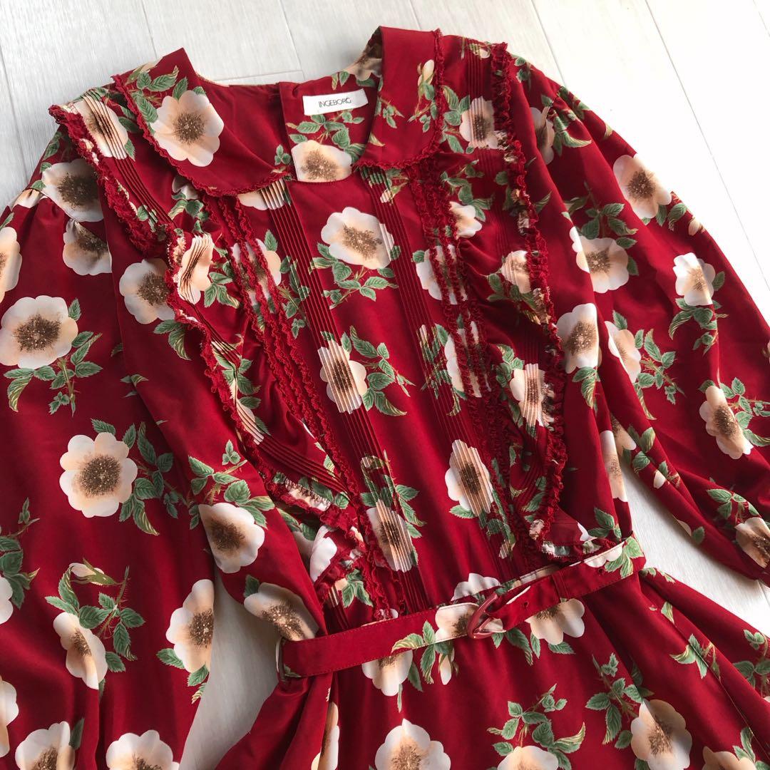 インゲボルグ 野薔薇 花柄 フリル レース 7分袖 ワンピース