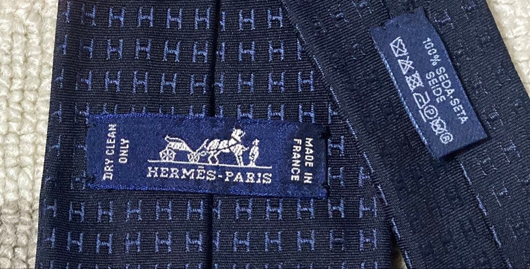 HERMES エルメス　ネクタイ　ファソネ　H柄　ジャガード　ネイビー