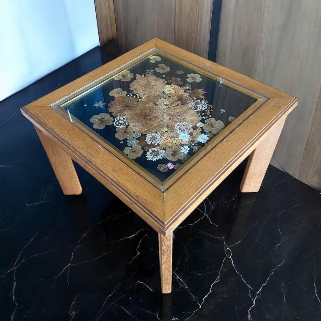 アンティーク★銘入りの押し花天板テーブル　美しい押し花作品を惜しげもなく天板に