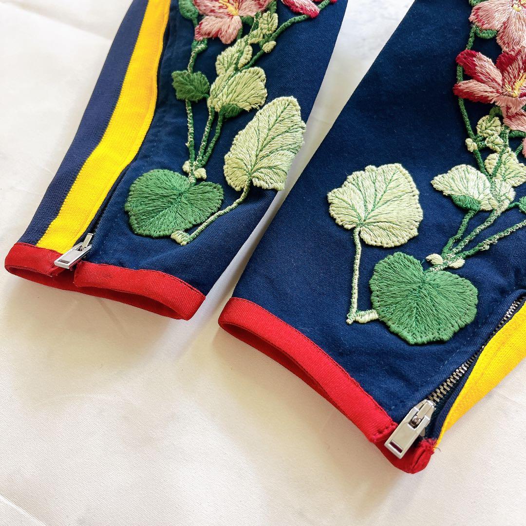 極美品✨GUCCI 現行タグ 刺繍 フラワー ボタニカル パンツ ネイビー紺色