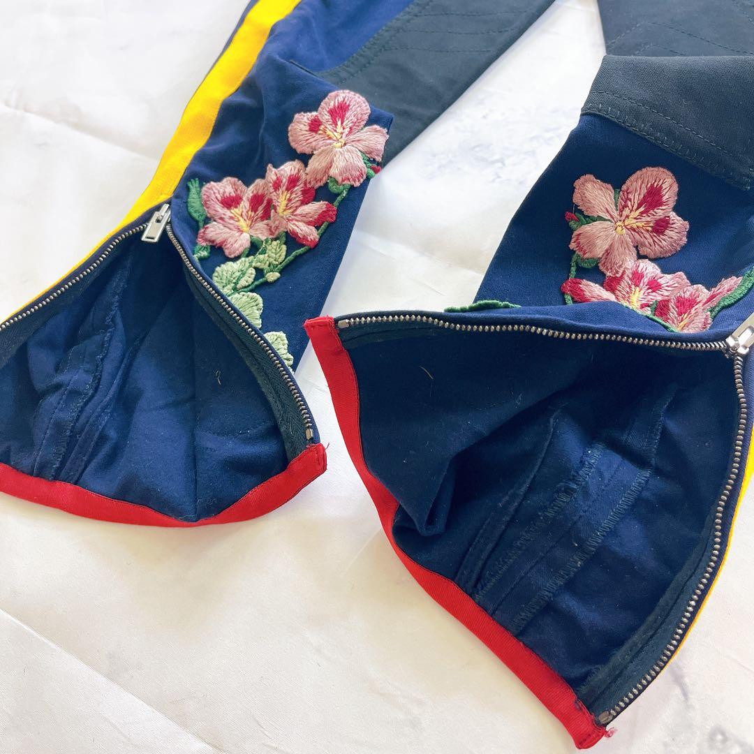 極美品✨GUCCI 現行タグ 刺繍 フラワー ボタニカル パンツ ネイビー紺色