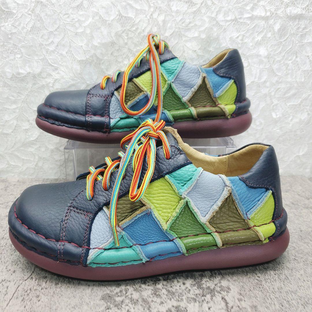 ​美品✨エスタシオン✨本革 パッチワーク 厚底スニーカー マルチカラー M