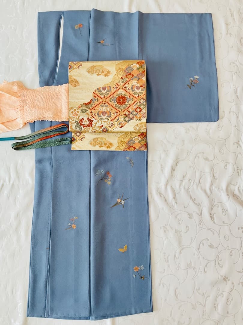 付下げ　フルセット　縫紋付　丸に橘　　正絹　六通柄袋帯　帯揚げ　帯締め