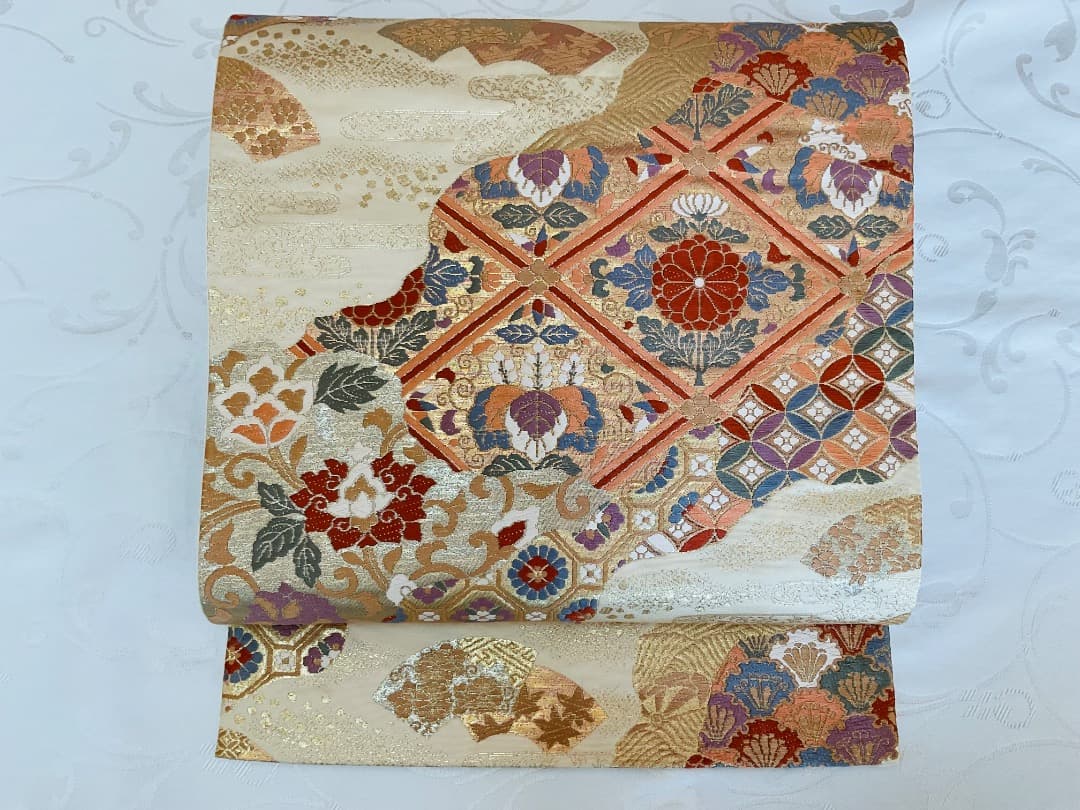 付下げ　フルセット　縫紋付　丸に橘　　正絹　六通柄袋帯　帯揚げ　帯締め