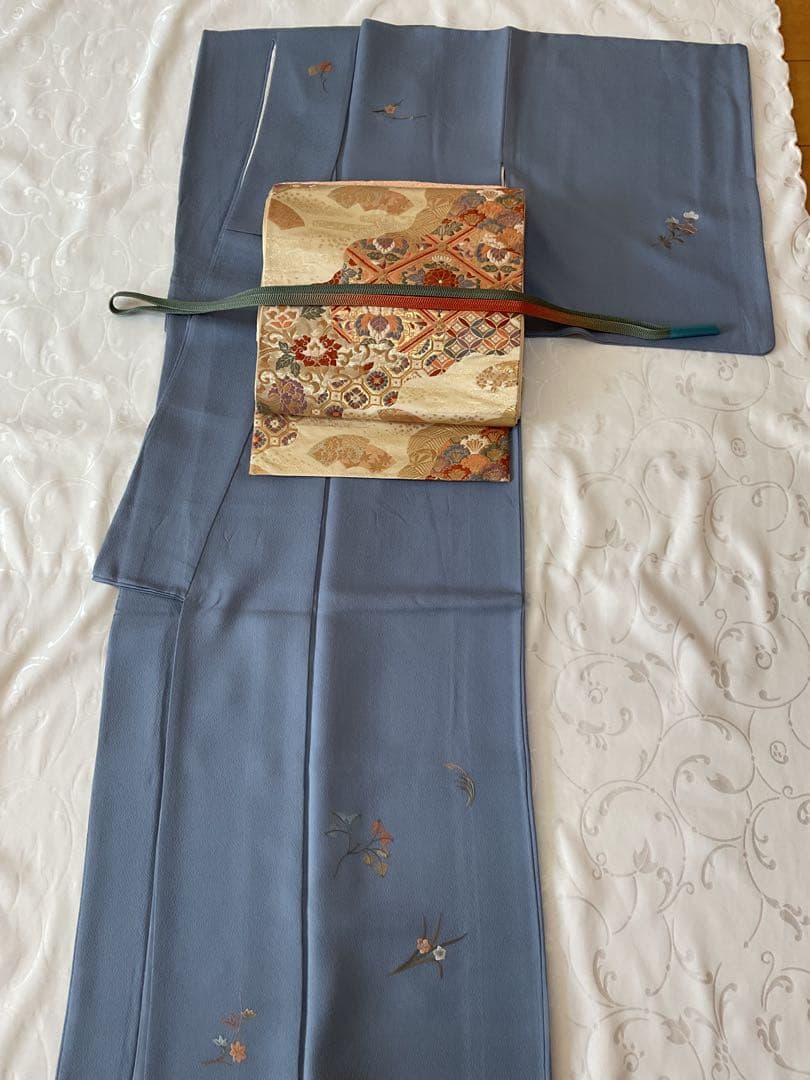 付下げ　フルセット　縫紋付　丸に橘　　正絹　六通柄袋帯　帯揚げ　帯締め