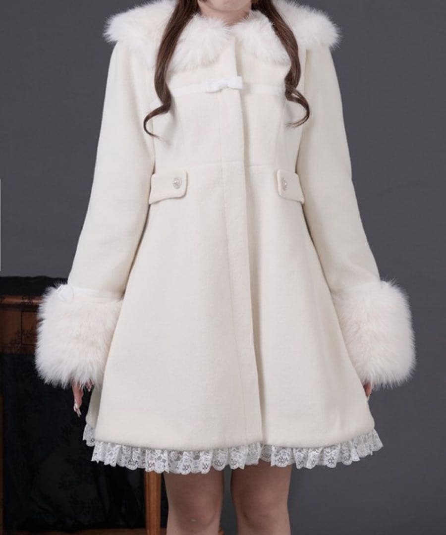 Palelfy ファーカラー付きリボンフレアコート オフホワイト 白 量産 地雷