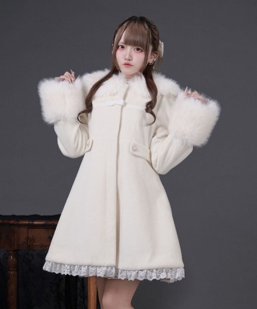 Palelfy ファーカラー付きリボンフレアコート オフホワイト 白 量産 地雷