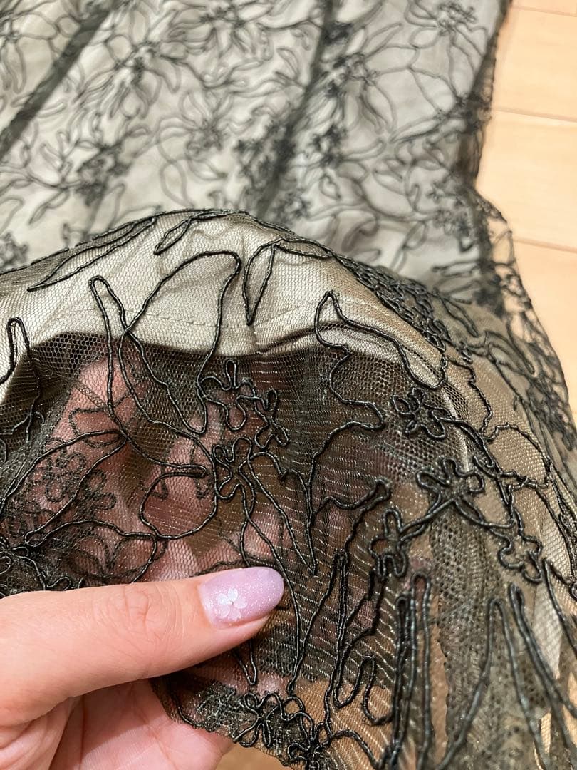 。*様 リボン付きパフスリーブシアーボレロ刺繍レースマーメイドシルエットキャミワ