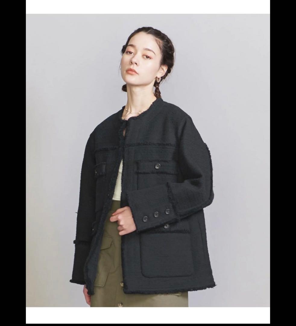 beauty&youth コットンツイードノーカラージャケット　黒　Mサイズ